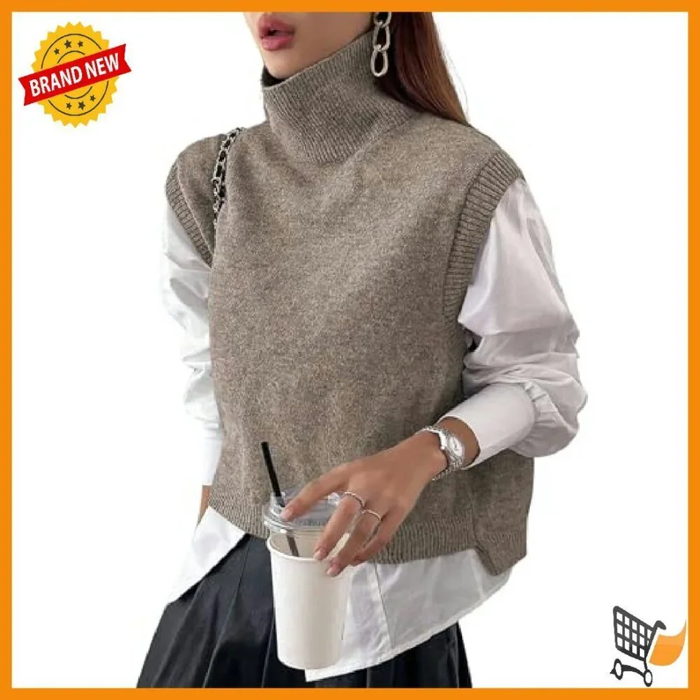 Cotton Blend Turtleneck Crop Sweater Vest Sleeveless Loose Fit
